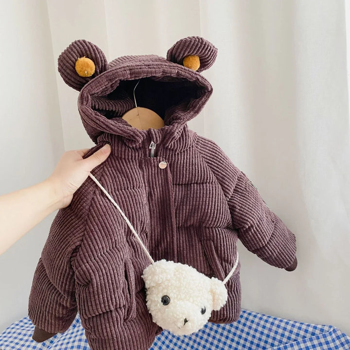 Child's brown corduroy puffer jacket with bear ears on hood and small white bear purse