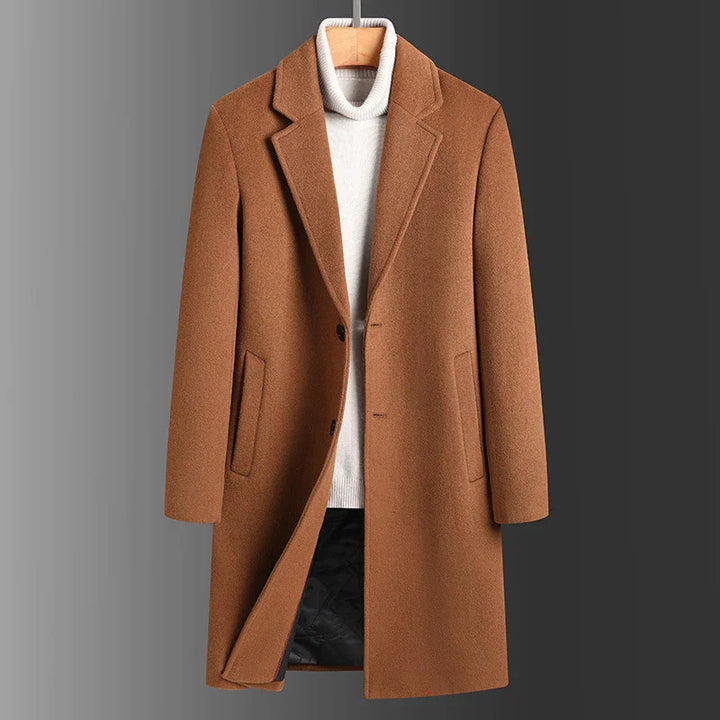 Men's brown wool overcoat with notch lapel, paired with white turtleneck sweater on hanger