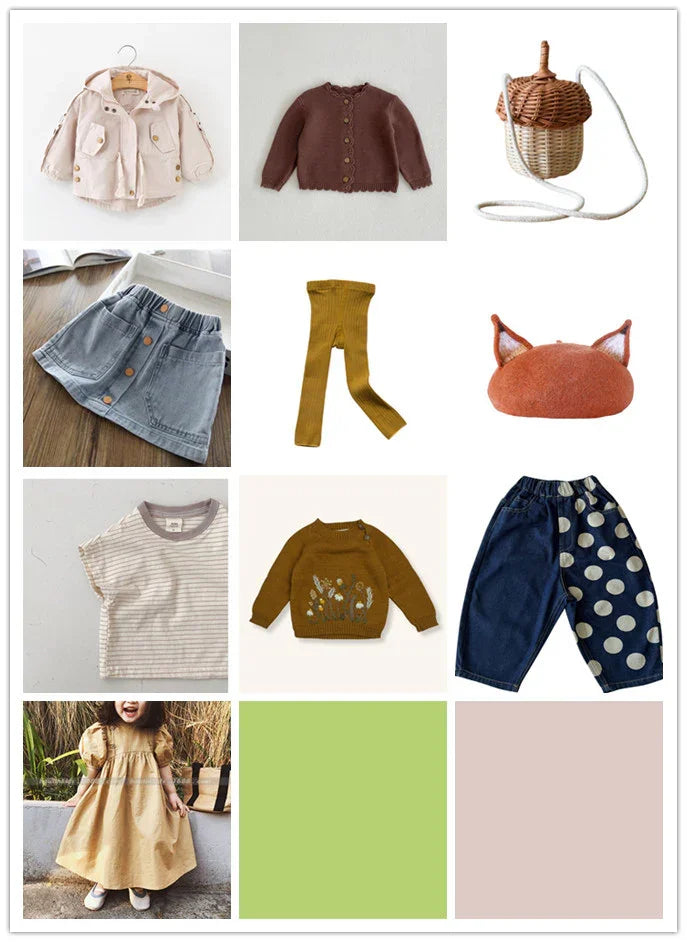 Collection of stylish toddler clothing including jackets, skirts, sweaters, leggings, and fox ear hat