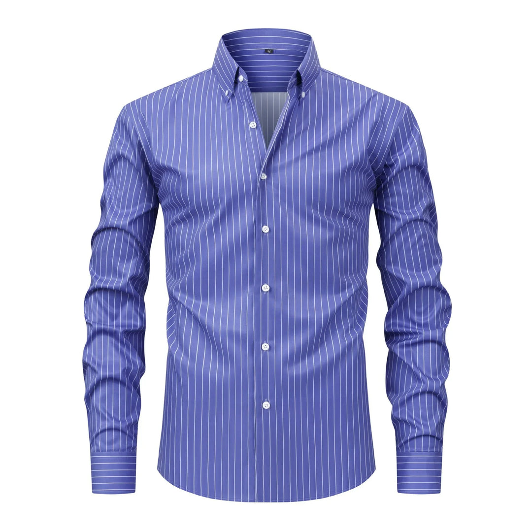 Men's blue dress shirt with white vertical stripes and button-down collar