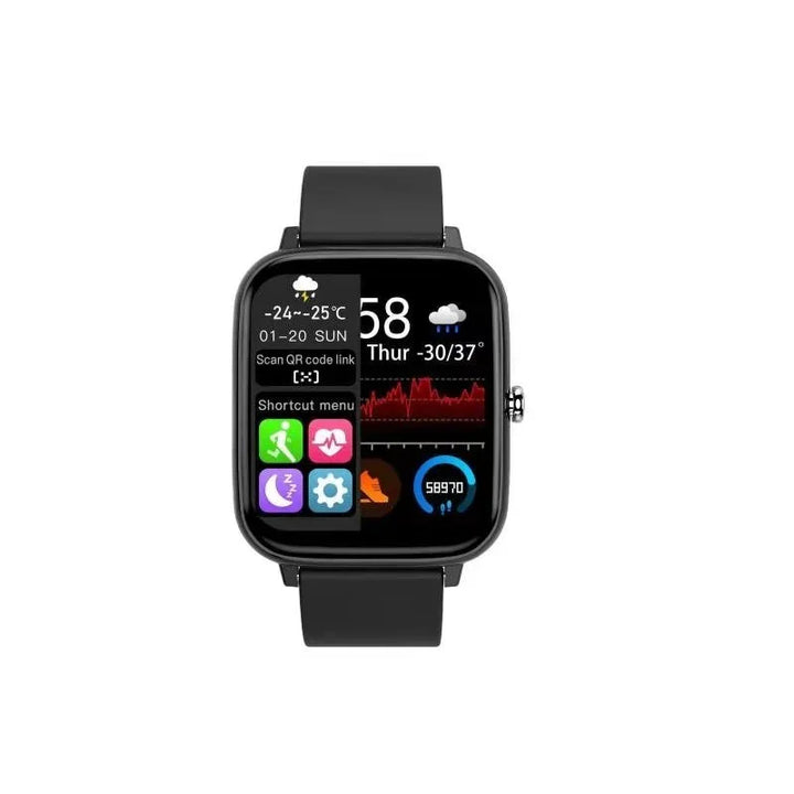 Black smartwatch with weather, date, time, heart rate, activity, and step count on touchscreen display