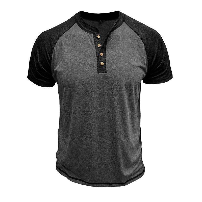 Men's short sleeve henley shirt in charcoal gray with black raglan sleeves and four wooden buttons