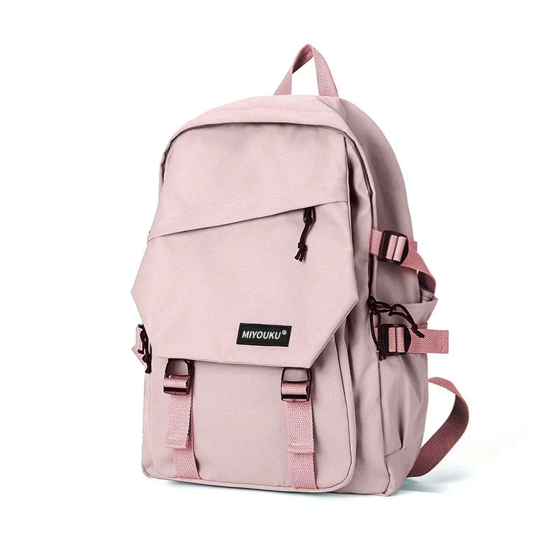 Pink stylish Miyouku brand backpack with front pocket and adjustable straps