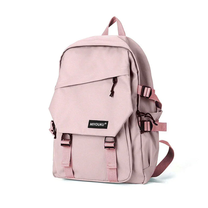 Pink stylish Miyouku brand backpack with front pocket and adjustable straps