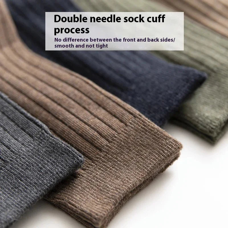 Close-up of ribbed sock cuffs in gray, brown, navy, and green showcasing double needle sock cuff process