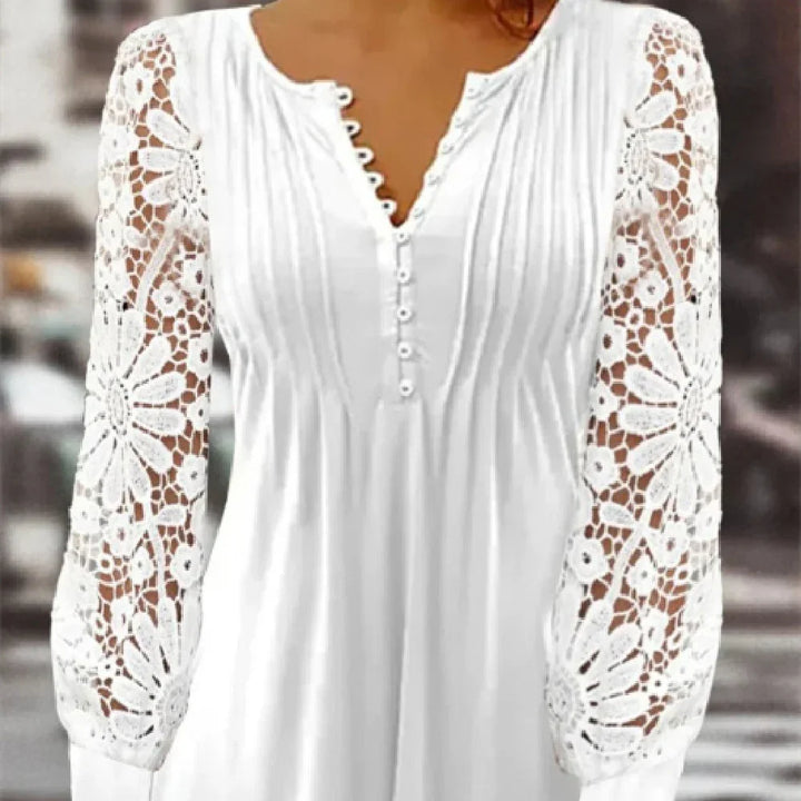 White blouse with floral lace long sleeves and buttoned V-neck detail