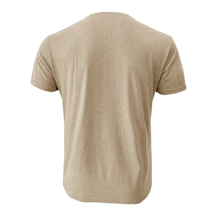 Beige short sleeve t-shirt displayed from the back on white background