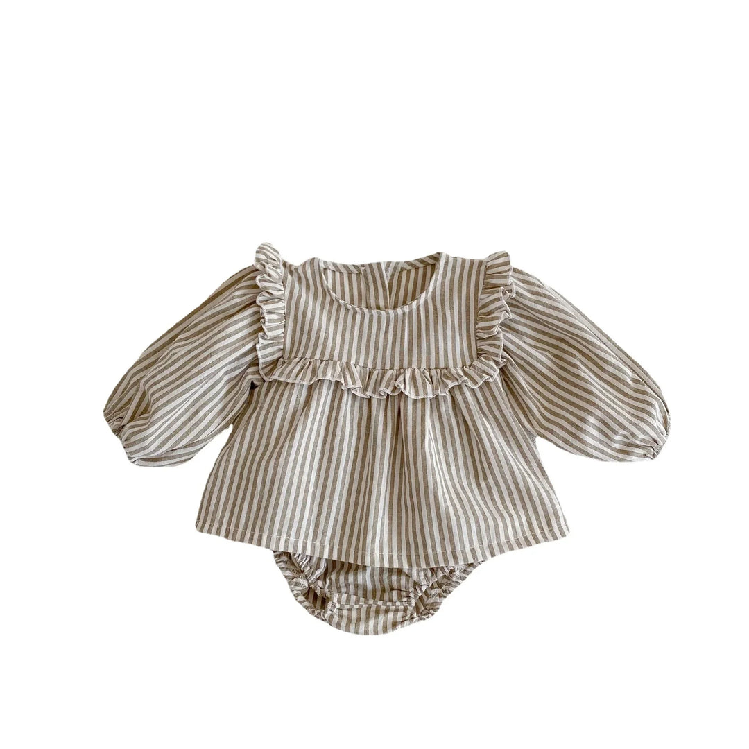 Beige and white striped baby romper with long puff sleeves and ruffle details