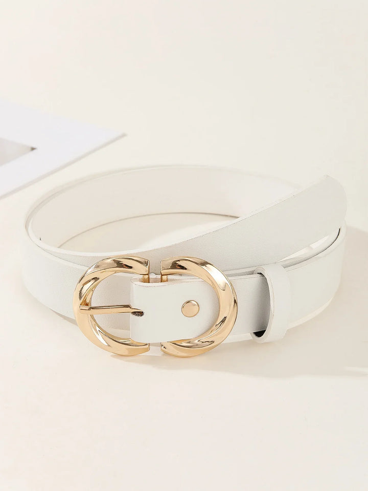 White leather belt with a shiny gold double buckle on a light background
