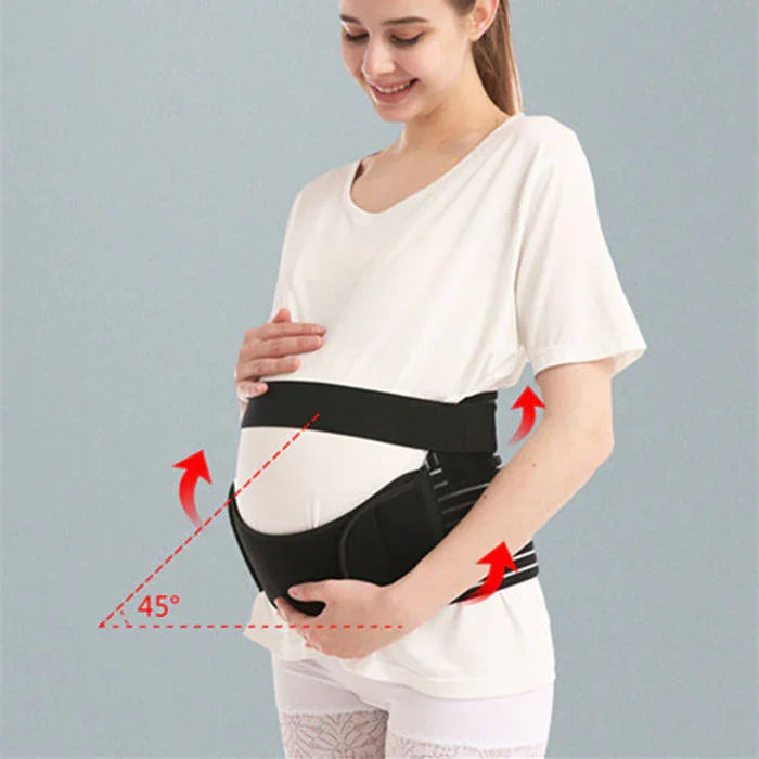 Pregnant woman wearing a supportive maternity belt with 45-degree angle adjustment and elastic straps