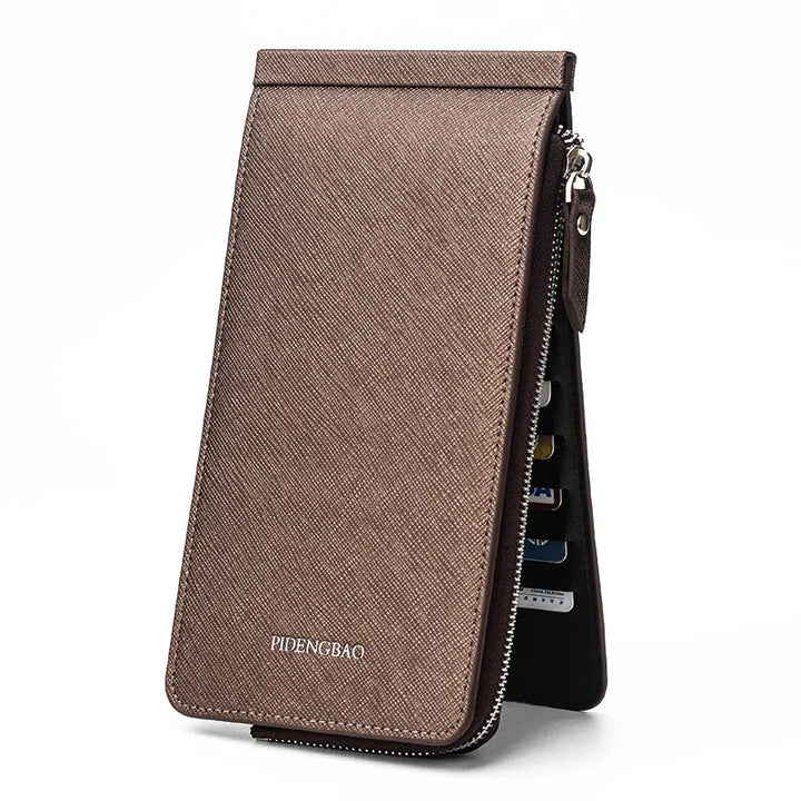 Brown PIDENGBAO zipper wallet with multiple credit card slots, textured leather finish