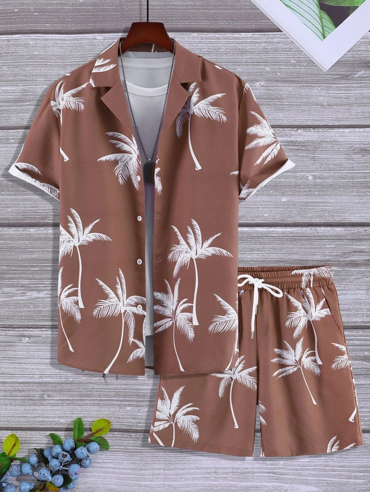 Brown short-sleeve shirt and shorts set with white palm tree print and white inner t-shirt