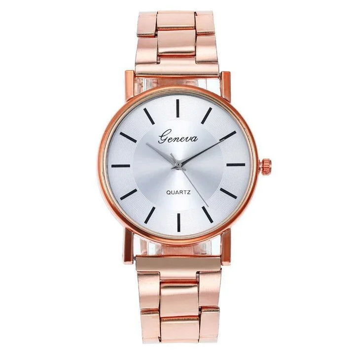 Rose gold Geneva quartz wristwatch with silver dial and black hour markers