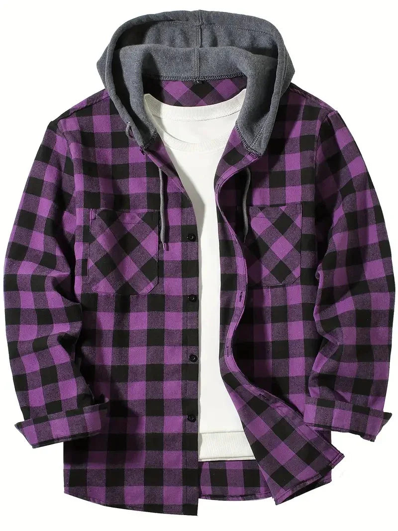 Purple and black checkered flannel shirt with grey hood and white inner t-shirt