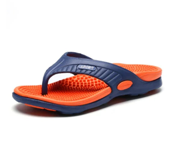 Blue and orange sport flip-flop sandal with textured sole and adjustable strap