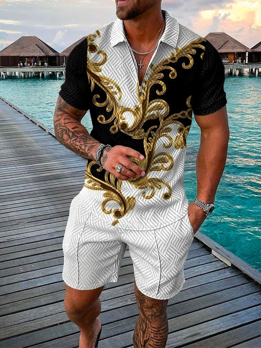 Man wearing stylish black and white shirt with gold baroque patterns and matching shorts on wooden pier