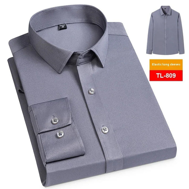 Folded grey dress shirt with buttoned cuffs and collar, elastic long sleeves, model TL-809