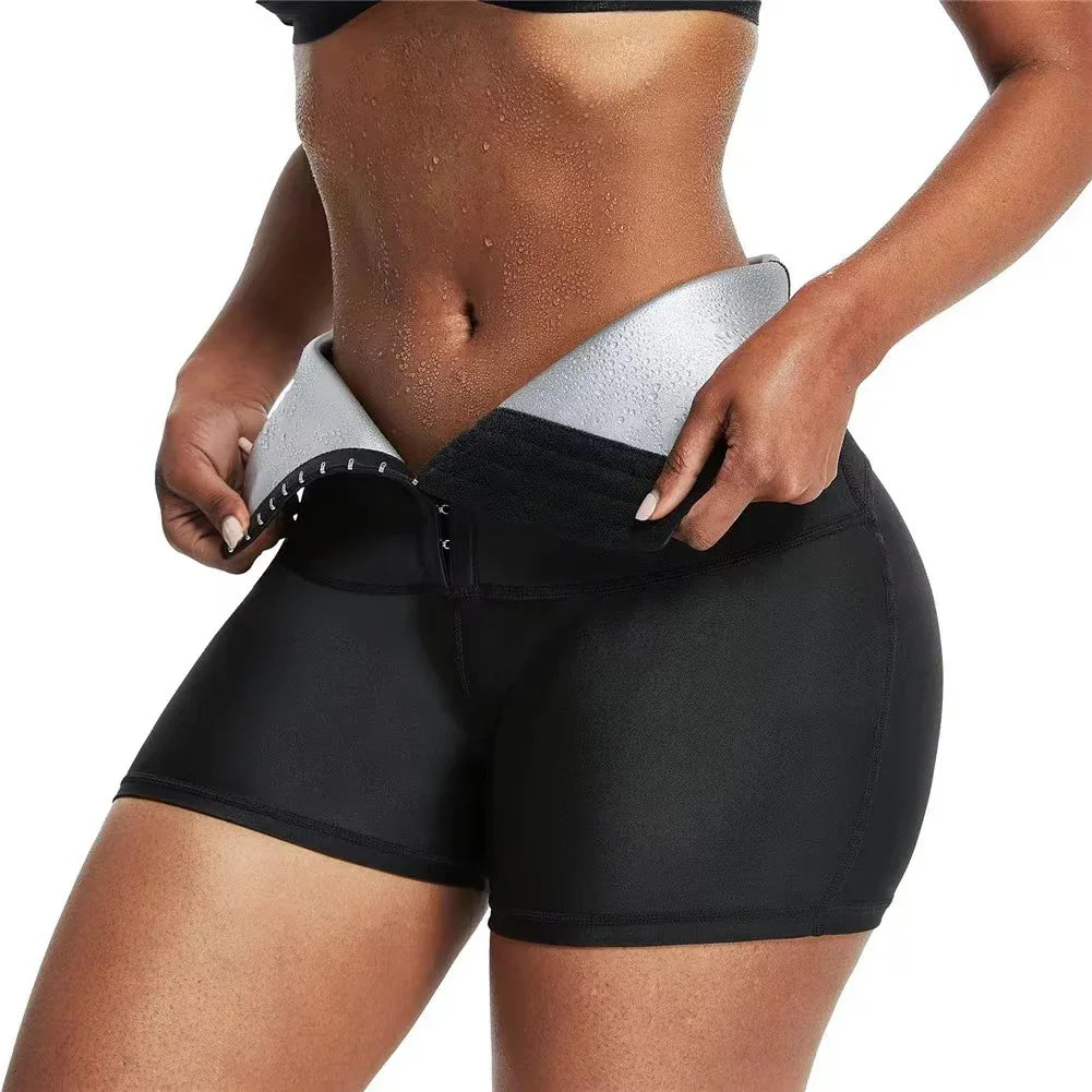 Woman wearing black sweat shorts with sweatband waist trainer around sweaty abdomen