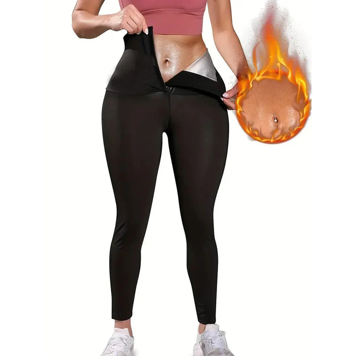 Woman wearing black sauna sweat pants and pink sports bra, highlighting waist trim and fat burning