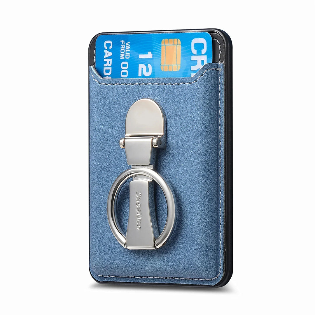 Blue leather card holder with silver ring stand and credit card pocket