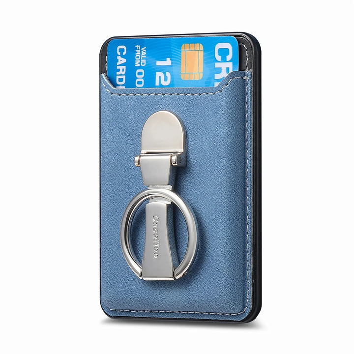 Blue leather card holder with silver ring stand and credit card pocket