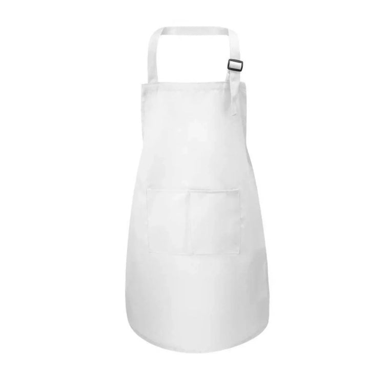 White adjustable neck strap apron with front pockets on plain background