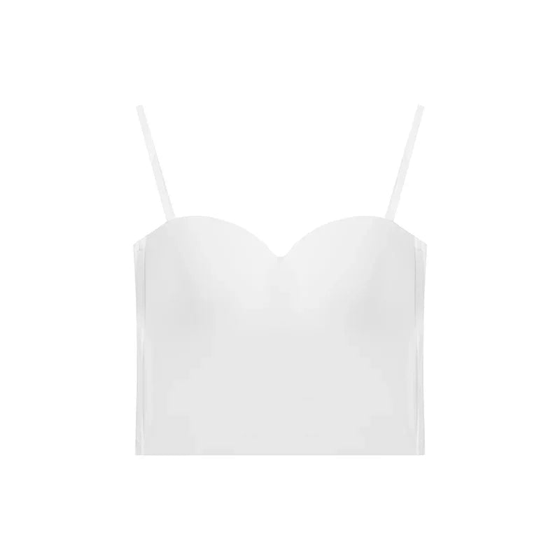 White cropped camisole top with thin adjustable straps and sweetheart neckline