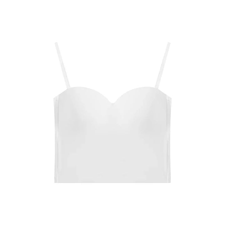 White cropped camisole top with thin adjustable straps and sweetheart neckline