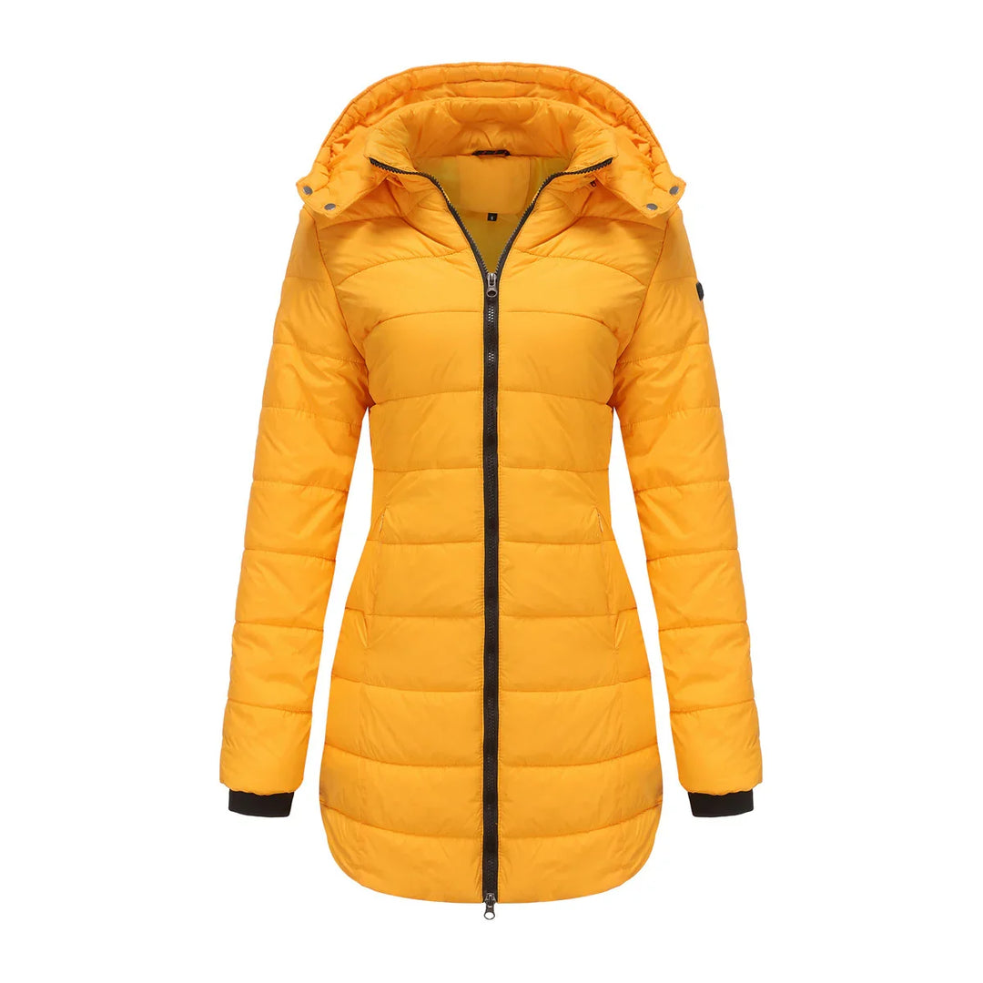 Yellow long quilted winter jacket with hood and black zipper, women's outerwear