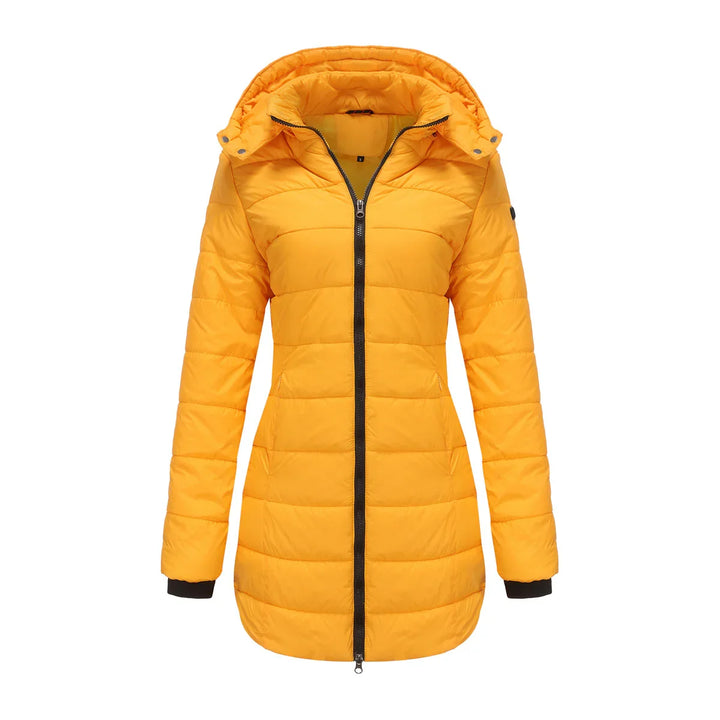 Yellow long quilted winter jacket with hood and black zipper, women's outerwear