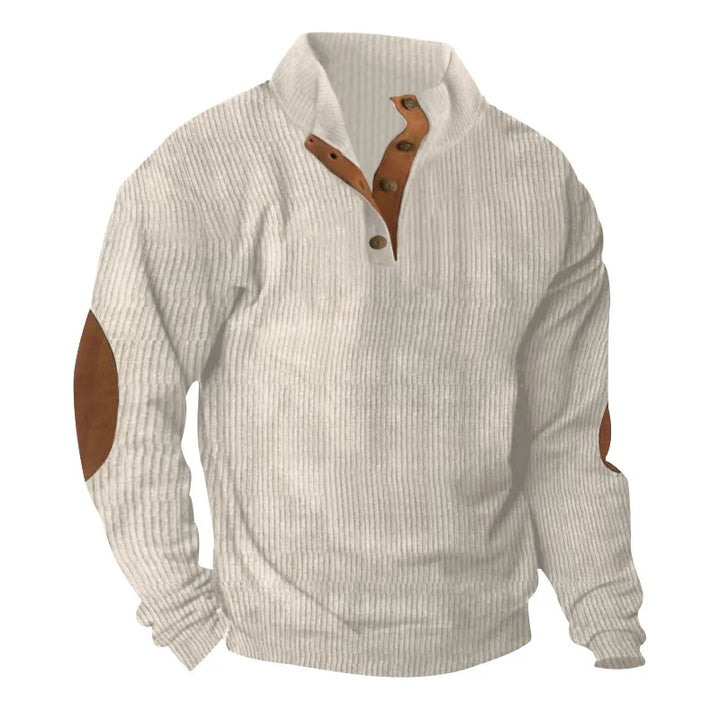 Beige ribbed pullover sweater with brown leather elbow patches and buttoned collar
