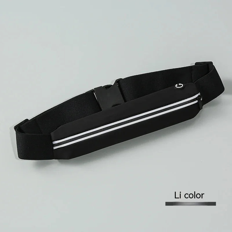 Black running belt with reflective zipper and adjustable strap on light grey background