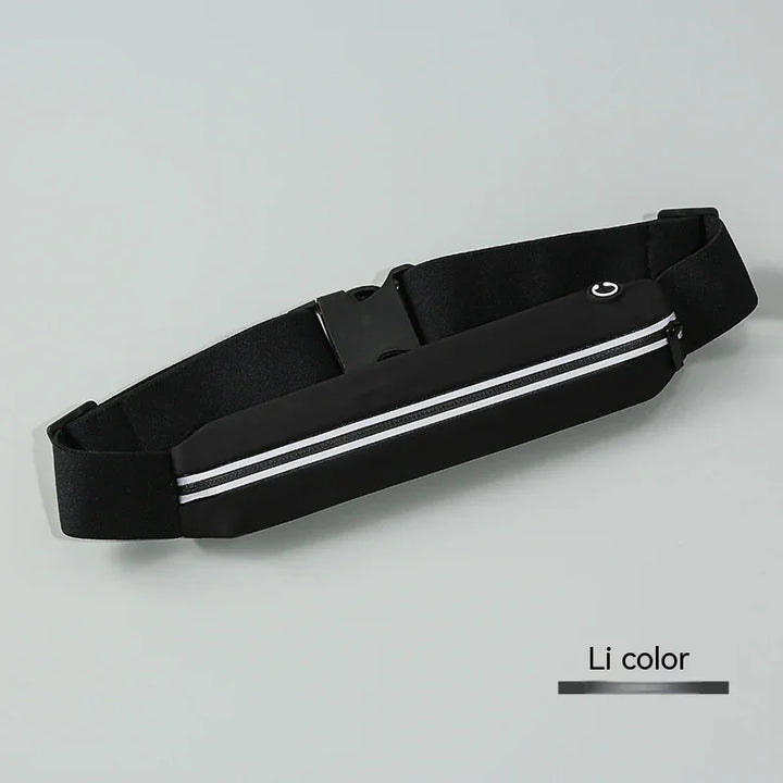 Black running belt with reflective zipper and adjustable strap on light grey background