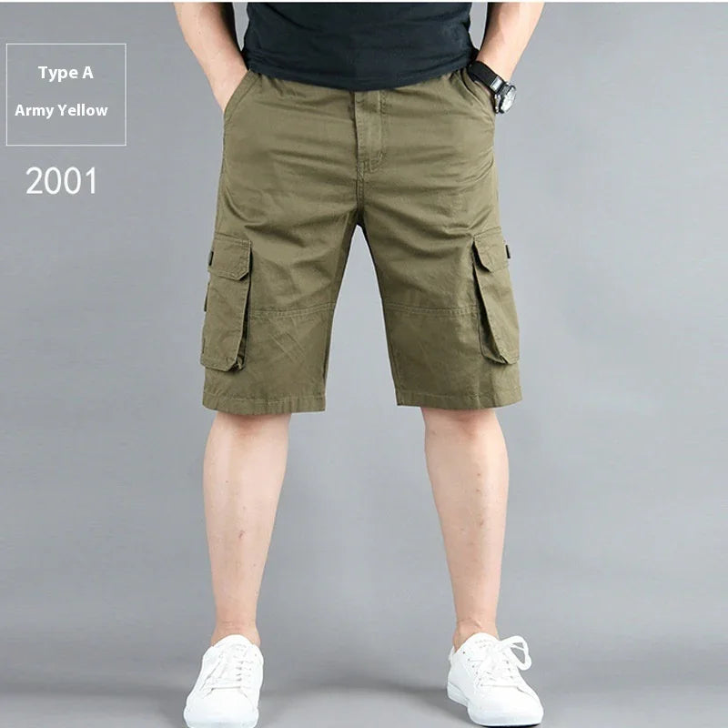 Front view of man wearing army yellow cargo shorts with side pockets and white sneakers