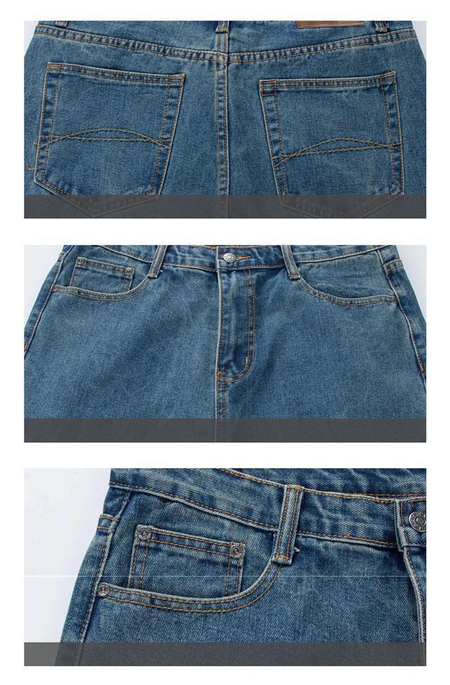 Close-up views of blue denim jeans showing back pockets, front closure, and small coin pocket details