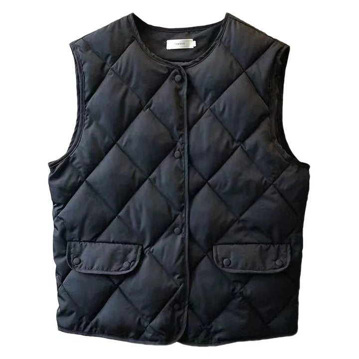 Black quilted sleeveless vest with snap button front and flap pockets