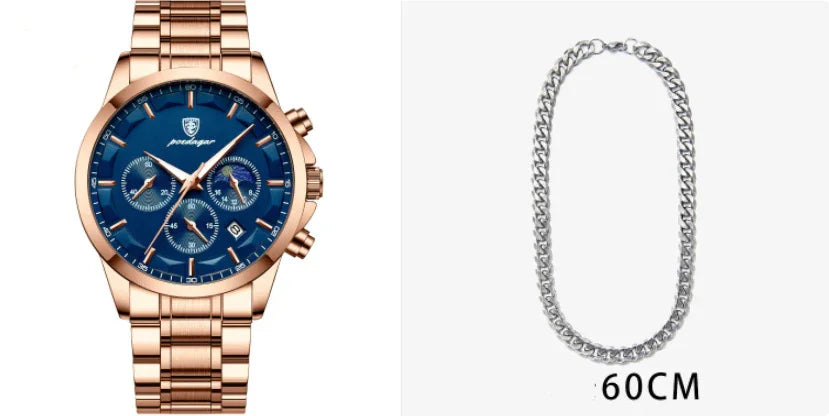 Rose gold wristwatch with blue dial and chronograph alongside a 60cm silver chain necklace