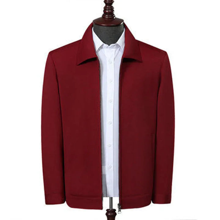 Men's casual maroon jacket over white dress shirt on mannequin with zipper closure
