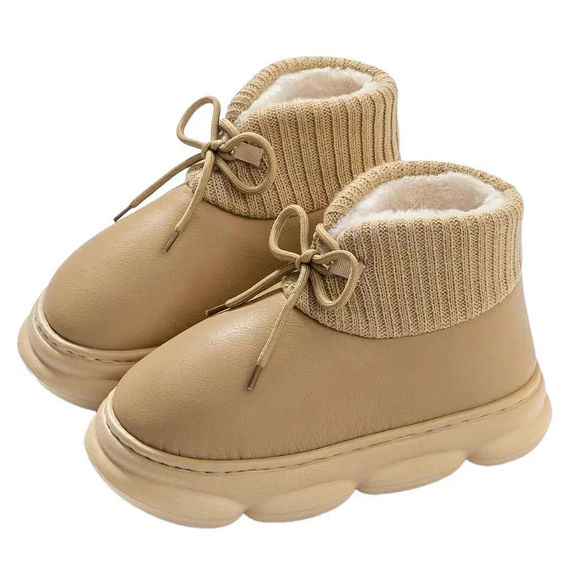 Beige winter boots with knit cuffs, fleece lining, and thick cushioned soles