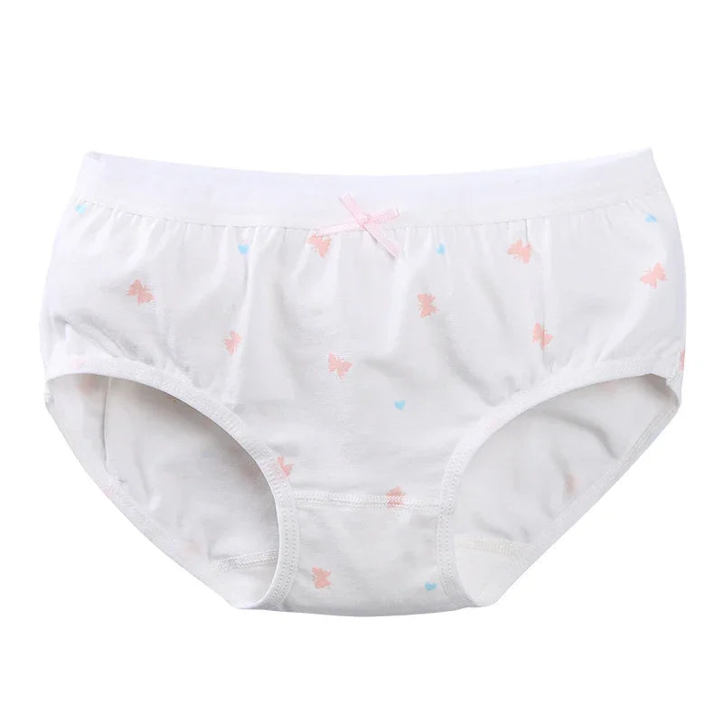 White women's cotton underwear with pink butterfly and blue heart prints and a small pink bow