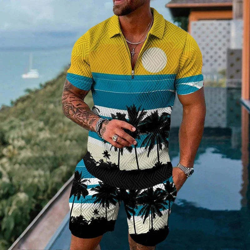 Man wearing yellow and blue palm tree print summer shirt and matching shorts near pool with tropical background