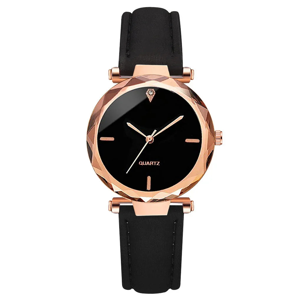 Elegant black dial quartz watch with rose gold faceted bezel and black leather strap