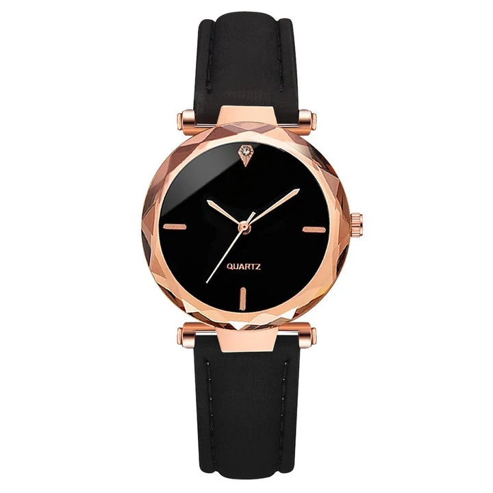 Elegant black dial quartz watch with rose gold faceted bezel and black leather strap