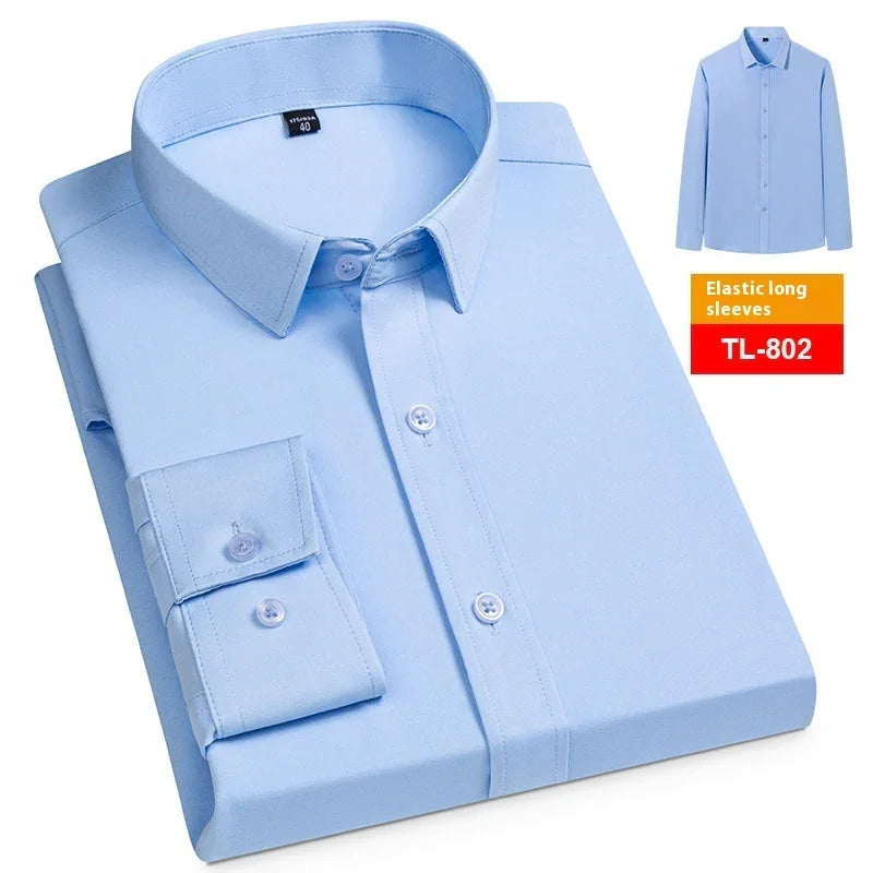 Light blue men's dress shirt with elastic long sleeves, model TL-802, neatly folded
