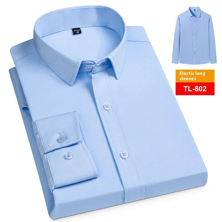 Light blue men's dress shirt with elastic long sleeves, model TL-802, neatly folded