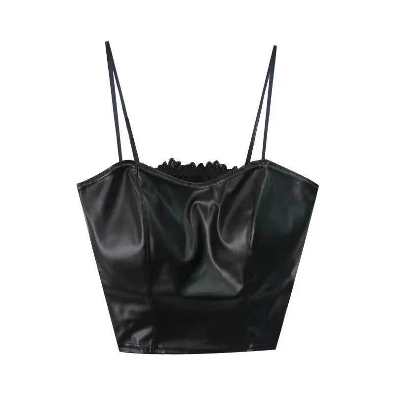 Black faux leather cropped camisole top with thin double spaghetti straps on white background