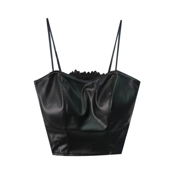 Black faux leather cropped camisole top with thin double spaghetti straps on white background