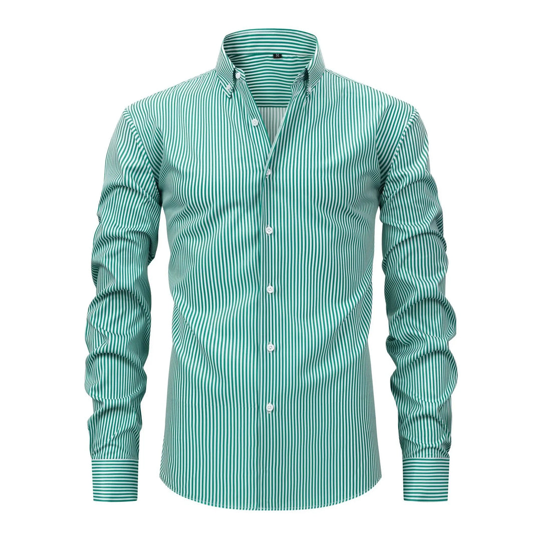 Men's green and white vertical striped long-sleeve button-up shirt with a collar