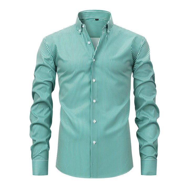 Men's green and white vertical striped long-sleeve button-up shirt with a collar