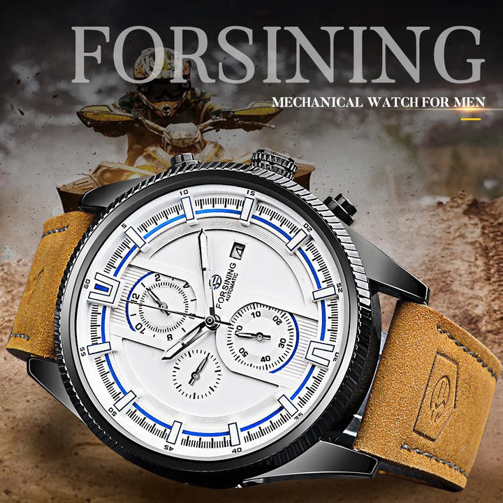 Forsining men's mechanical watch with white dial, blue accents, and brown leather strap on dirt bike racing background